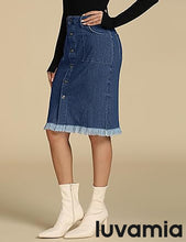 luvamia Women's Casual Mid Rise Button Down Frayed Raw Hem Fit Denim Jean Skirt