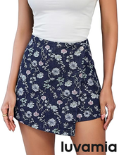 luvamia FleXclusive Denim Skorts for Woman Trendy Floral Print Faux Wrap Stretchy High Waisted Elasitc Waist Jean Shorts Skirt Skort