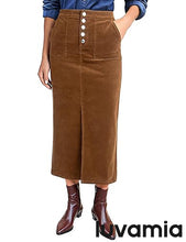 luvamia Corduroy Skirts for Women Midi Length High Waisted Button Fly Fall Casual Elastic Waist Long Skirt with Slit