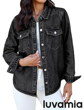 luvamia FleXclusive Denim Jackets for Women Trendy Long Sleeve Distressed Jean Button Down Shirts Jacket Shacket Trucker Jacket