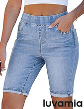 luvamia FleXclusive Bermuda Shorts for Women Jean Pull On Elastic Waist High Waisted Knee Length Fold Hem Stretchy Denim Long Shorts