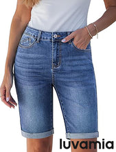 luvamia FleXclusive Bermuda Jean Shorts for Women Knee Length High Waisted Trendy Cuffed Hem Long Stretchy Denim Shorts Summer Jorts