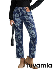 luvamia Straight Leg Jeans for Women Floral Printed High Waisted Trendy Cute Vintage Stretchy Denim Pants Boho Jeans