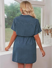 luvamia Women Casual Denim Dress Short Sleeve Tie Waist Classic Jean Shirt Dress