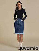 luvamia Women's Casual Mid Rise Button Down Frayed Raw Hem Fit Denim Jean Skirt