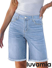 luvamia FleXclusive Jean Bermuda Shorts for Women Trendy Mid Rise Raw Hem Knee Length Stretchy Denim Long Shorts Summer Casual Jorts