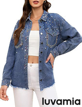 luvamia Jean Jacket for Women Trendy Rhinestone Embellished Long Sleeve Denim Jackets with Pockets