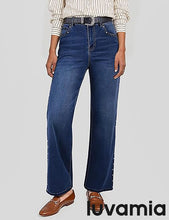 LUVAMIA  Women's High Rise Flare Jeans Washed Denim Trousers Studded Details Retro Style