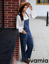 LUVAMIA Women's Denim Wide Leg Jumpsuit Side Snap Closure Five Pocket Utility