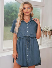 luvamia Women Casual Denim Dress Short Sleeve Tie Waist Classic Jean Shirt Dress