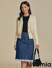 luvamia Women's Casual Mid Rise Button Down Frayed Raw Hem Fit Denim Jean Skirt