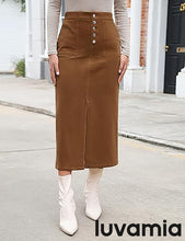luvamia Corduroy Skirts for Women Midi Length High Waisted Button Fly Fall Casual Elastic Waist Long Skirt with Slit