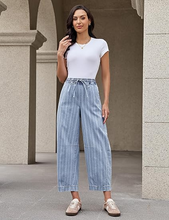 luvamia FleXclusive Barrel Jeans Women Trendy Striped Cropped High Waisted Pull On Elastic Waist Wide Leg Casual Stretch Denim Pants