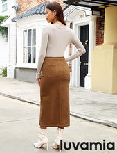 luvamia Corduroy Skirts for Women Midi Length High Waisted Button Fly Fall Casual Elastic Waist Long Skirt with Slit