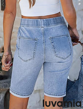 luvamia FleXclusive Bermuda Shorts for Women Jean Pull On Elastic Waist High Waisted Knee Length Fold Hem Stretchy Denim Long Shorts