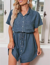 luvamia Women Casual Denim Dress Short Sleeve Tie Waist Classic Jean Shirt Dress