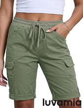 luvamia Bermuda Shorts for Women Knee Length High Rise Summer Casual Shorts Elastic Wasit Drawstring with Pockets