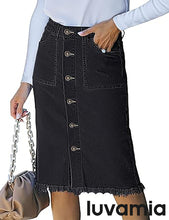 luvamia Women's Casual Mid Rise Button Down Frayed Raw Hem Fit Denim Jean Skirt