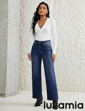 LUVAMIA  Women's High Rise Flare Jeans Washed Denim Trousers Studded Details Retro Style