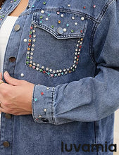 luvamia Jean Jacket for Women Trendy Rhinestone Embellished Long Sleeve Denim Jackets with Pockets