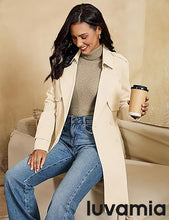 luvamia Trench Coat Women Mid Length Classic Double Breasted Lapel Business Casual Fall Jacket Coats Outerwear with Belt