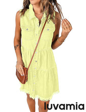 luvamia Women's Casual Summer Lapel Sleeveless Button Down Short Denim Jean Dress
