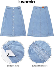 luvamia FleXclusive Jean Skirts for Women Trendy Midi Length A Line Western Casual Button Down Stretchy Denim Skirt with Pockets