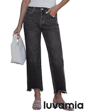 luvamia FleXclusive Straight Leg Jeans for Women Cropped Trendy Mid Rise Baggy Loose Distressed Casual Raw Hem Stretchy Denim Pants