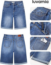 luvamia FleXclusive Bermuda Jean Shorts for Women Knee Length High Waisted Trendy Cuffed Hem Long Stretchy Denim Shorts Summer Jorts