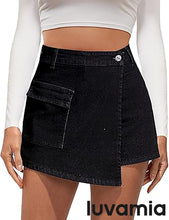 LUVAMIA Denim Skorts for Woman Cargo Faux Wrap Jean Skort Skirts Stretchy High Waisted Skirt Shorts