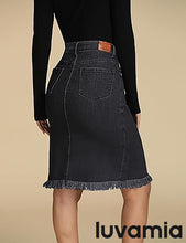 luvamia Women's Casual Mid Rise Button Down Frayed Raw Hem Fit Denim Jean Skirt