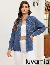luvamia Jean Jacket for Women Trendy Rhinestone Embellished Long Sleeve Denim Jackets with Pockets