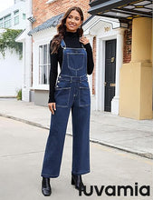 LUVAMIA Women's Denim Wide Leg Jumpsuit Side Snap Closure Five Pocket Utility