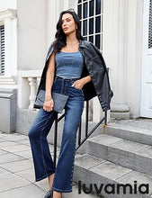 LUVAMIA  Women's High Rise Flare Jeans Washed Denim Trousers Studded Details Retro Style