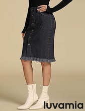 luvamia Women's Casual Mid Rise Button Down Frayed Raw Hem Fit Denim Jean Skirt