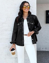 luvamia FleXclusive Denim Jackets for Women Trendy Long Sleeve Distressed Jean Button Down Shirts Jacket Shacket Trucker Jacket