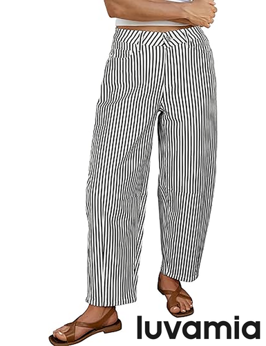 luvamia Barrel Jeans for Women Trendy Baggy Wide Leg Striped High Waisted Cropped Casual Pinstripe Stretchy Denim Pants