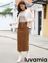luvamia Corduroy Skirts for Women Midi Length High Waisted Button Fly Fall Casual Elastic Waist Long Skirt with Slit