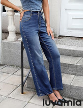 LUVAMIA  Women's High Rise Flare Jeans Washed Denim Trousers Studded Details Retro Style
