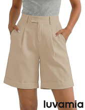 luvamia High Waisted Shorts for Women Dressy Casual Pleated Wide Leg Midi Baggy Work Shorts Rolled Hem with Pockets