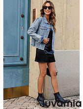 luvamia FleXclusive Denim Jacket for Women Distressed Jean Jackets Button Up Vintage Western Trucker Jacket Frayed Hem Pockets