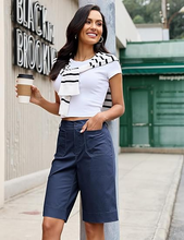luvamia Bermuda Shorts for Women Knee Length High Waisted Dressy Casual Patch Pocket Chino Elastic Waist Long Shorts