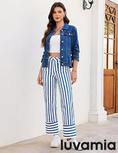 luvamia Striped Jeans for Women Wide Leg High Waisted Trendy Patch Pockets Stretchy Denim Pants Casual Trouser Jeans