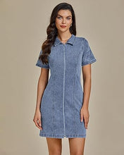 LUVAMIA Women's Short Sleeve Slim Tight Shirt-Neck Symmetrical Simple Versatile Denim Dress