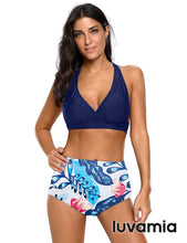 luvamia Women's Halter Self Tie Ruched High Waist Two Piece Bikini Set Swimsuits