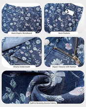 luvamia FleXclusive Denim Skorts for Woman Trendy Floral Print Faux Wrap Stretchy High Waisted Elasitc Waist Jean Shorts Skirt Skort