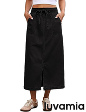 luvamia FleXclusive Jean Skirts for Women High Waisted Midi Denim Drawstring Elastic Waist Long Skirt with Pockets Front Slit