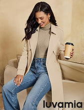 luvamia Trench Coat Women Mid Length Classic Double Breasted Lapel Business Casual Fall Jacket Coats Outerwear with Belt