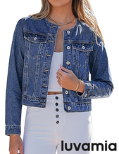 luvamia FleXclusive Women's Button Down Long Sleeves Crew Neck Denim Jacket