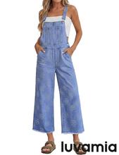 luvamia FleXclusive Denim Overalls for Women Wide Leg Capri Jean Jumpsuit Loose Fit Summer Stretchy Bib Overall Embroidered Raw Hem